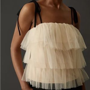 Anthropologie Ivory Tiered Tulle Ruffle Tank with Black Tie Straps